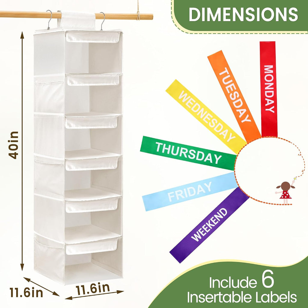 2 Pack 6-Shelf Weekly Clothes Organizer for Kids, Hanging Daily Closet Organization with 6 Side Pockets, Days of The Week Clothing Divider Storage for Boys and Girls (White)