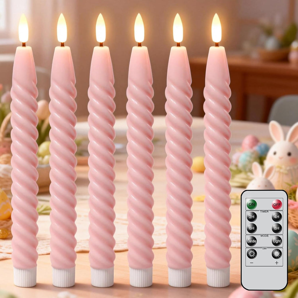 Pink Flameless Taper Candles Flickering with Remote Timer