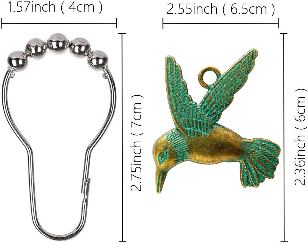 Hummingbird Shower Curtain Hooks Rings Bird Garden Nature Spring Theme Decoration Stainless Steel Rustproof Set of 12 (Patina)