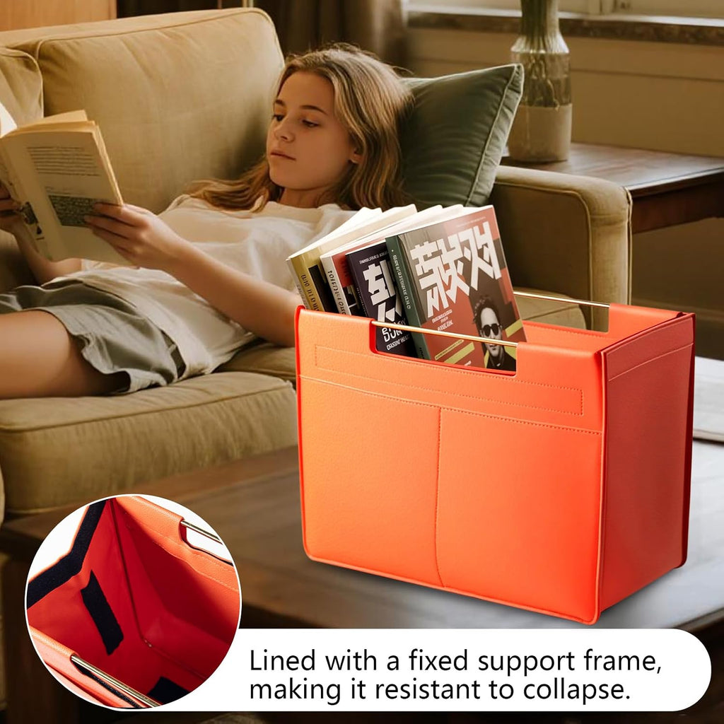 Leather Magazine Holder Foldable with Handles，Stable Magazine Rack Floor