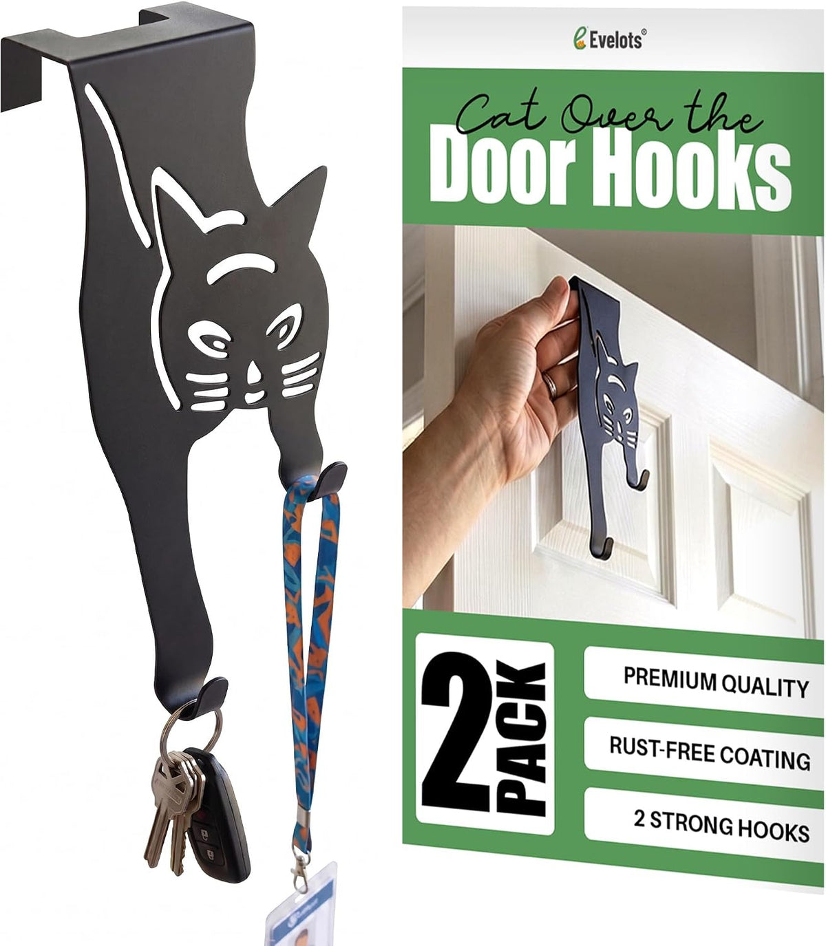 Evelots Cat Over the Door Hooks, Set of 2 Heavy Duty Coat Hangers