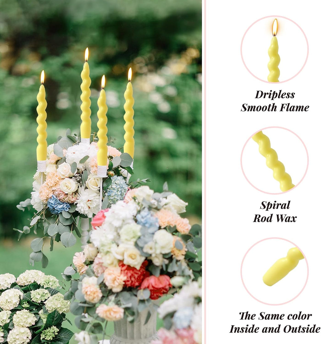 4 Pack 7 Inch Yellow Spiral Taper Candles, Unscented Dripless Fat Twisted Candlesticks for Home Décor Party and Celebrations