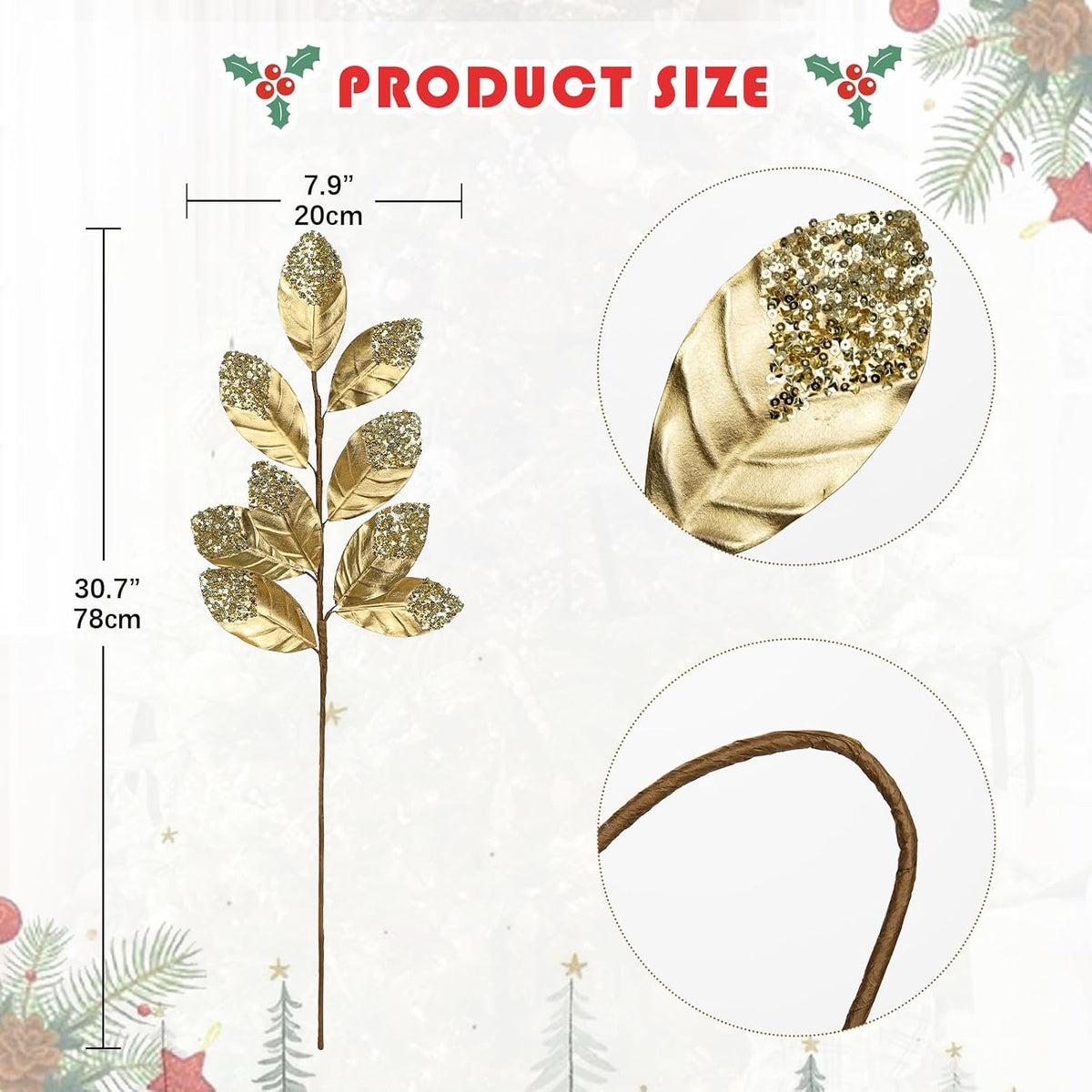 Hollyone Christmas Tree Picks and Sprays 3Pcs Gold Artificial Magnolia Stems Magnolia Leaves Branches Fake Gold Leaf Floral for Vase DIY Xmas Tree Garland Wreath Centerpieces Wedding Decor