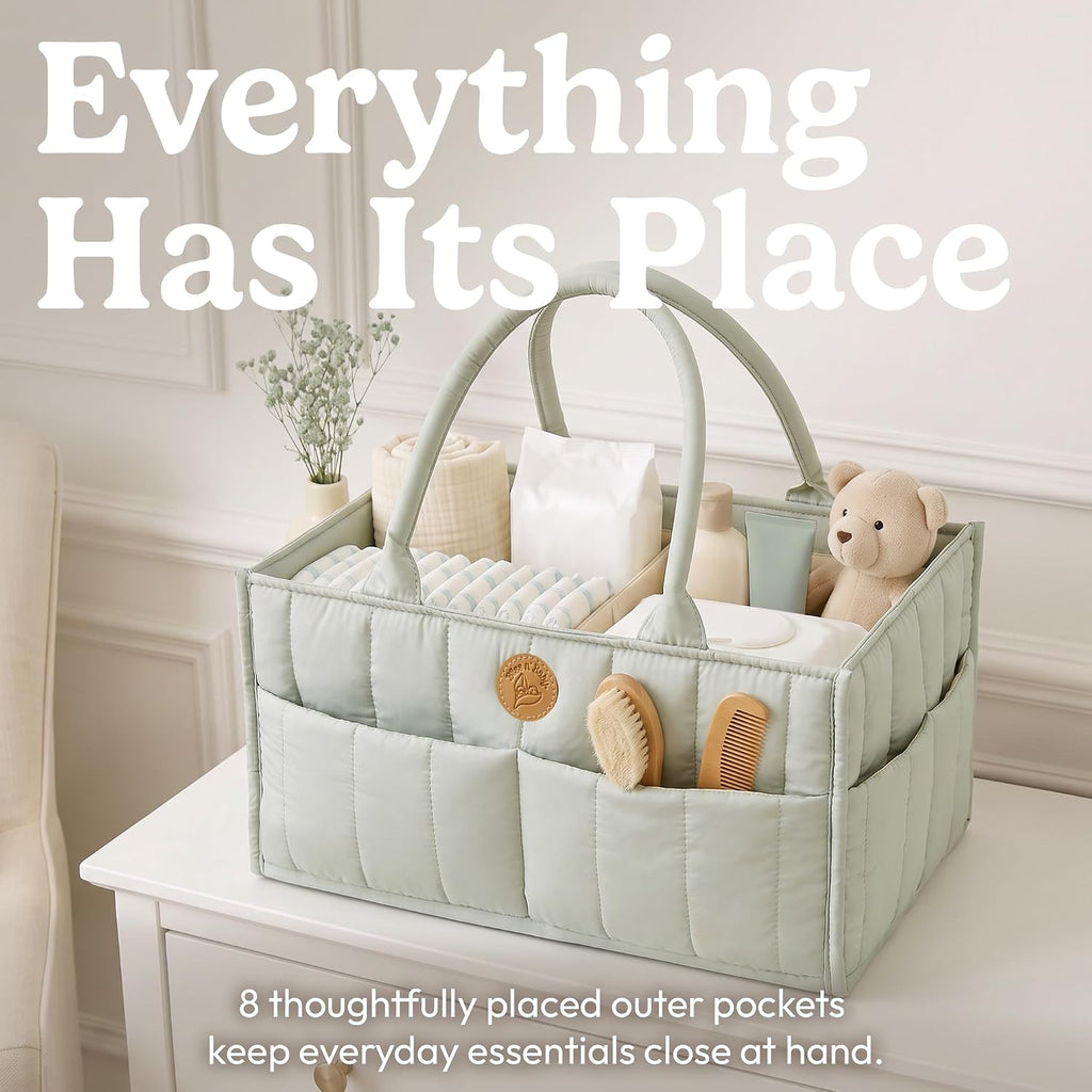 Baby Diaper Caddy Organizer - Portable Diaper Caddy with Handles & Removable Dividers - Large & Quilted Nursery Storage Basket - Changing Table Bag for Car - Baby Shower & Registry Gift - Sage Green