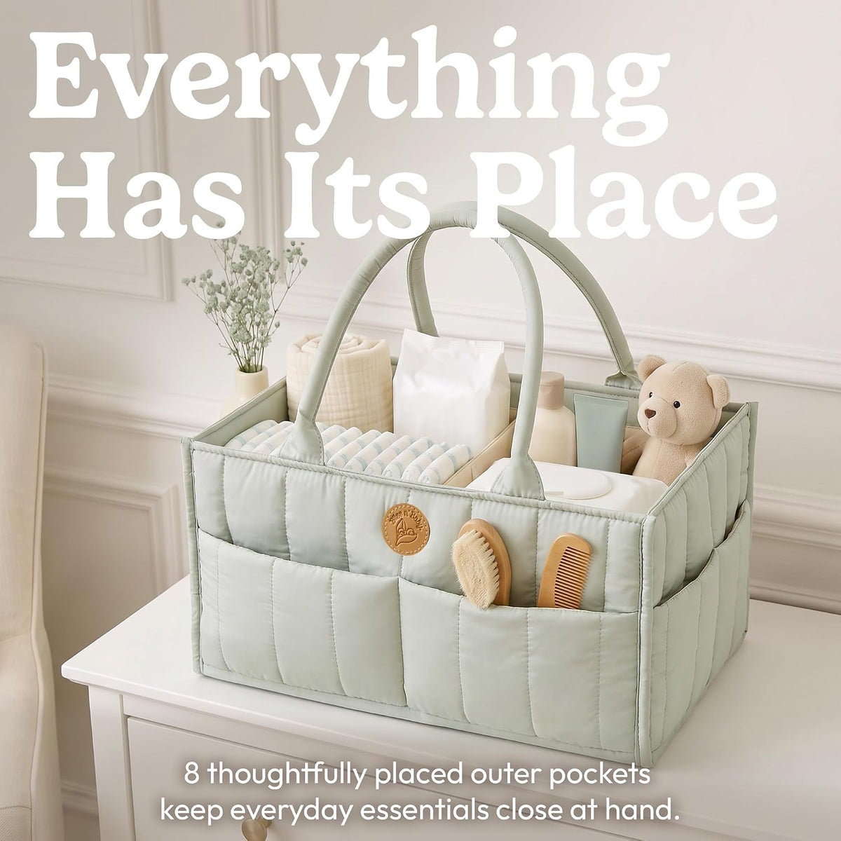 Baby Diaper Caddy Organizer - Portable Diaper Caddy with Handles & Removable Dividers - Large & Quilted Nursery Storage Basket - Changing Table Bag for Car - Baby Shower & Registry Gift - Sage Green
