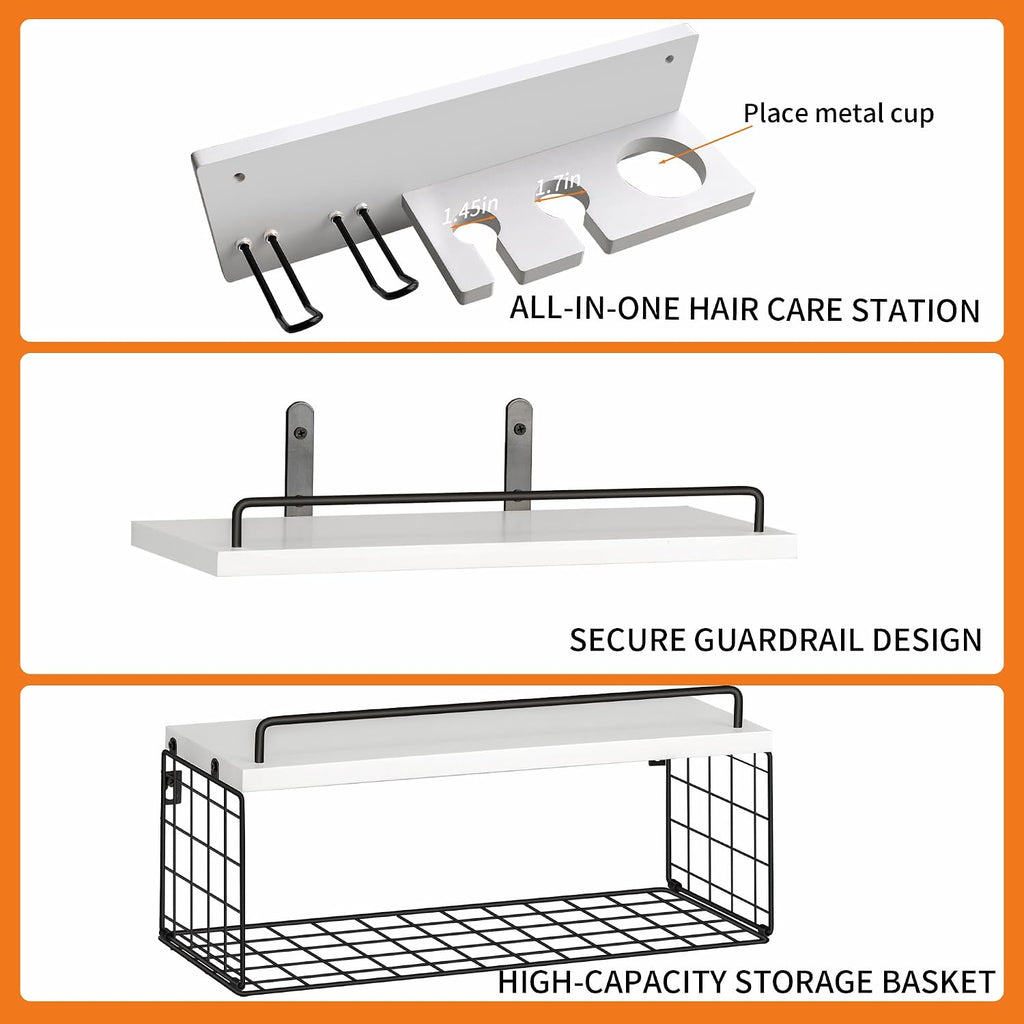 3-Tier Bathroom Floating Shelves with Hair Dryer Holder, White