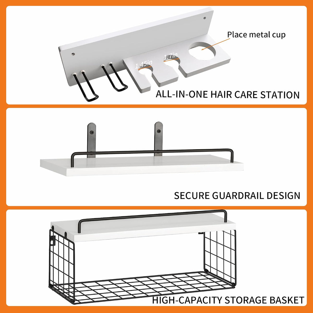 3-Tier Bathroom Floating Shelves with Hair Dryer Holder, White