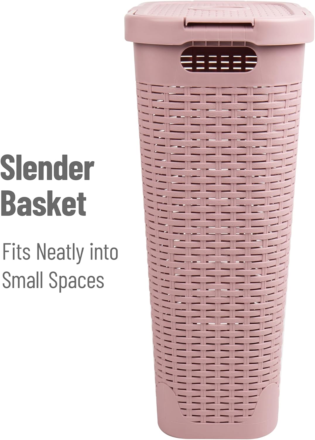 Mind Reader Slim Laundry Hamper with Lid, 40L Clothes Basket, Narrow Tapered Design with Ventilated Cutout Pattern, Plastic, Pink