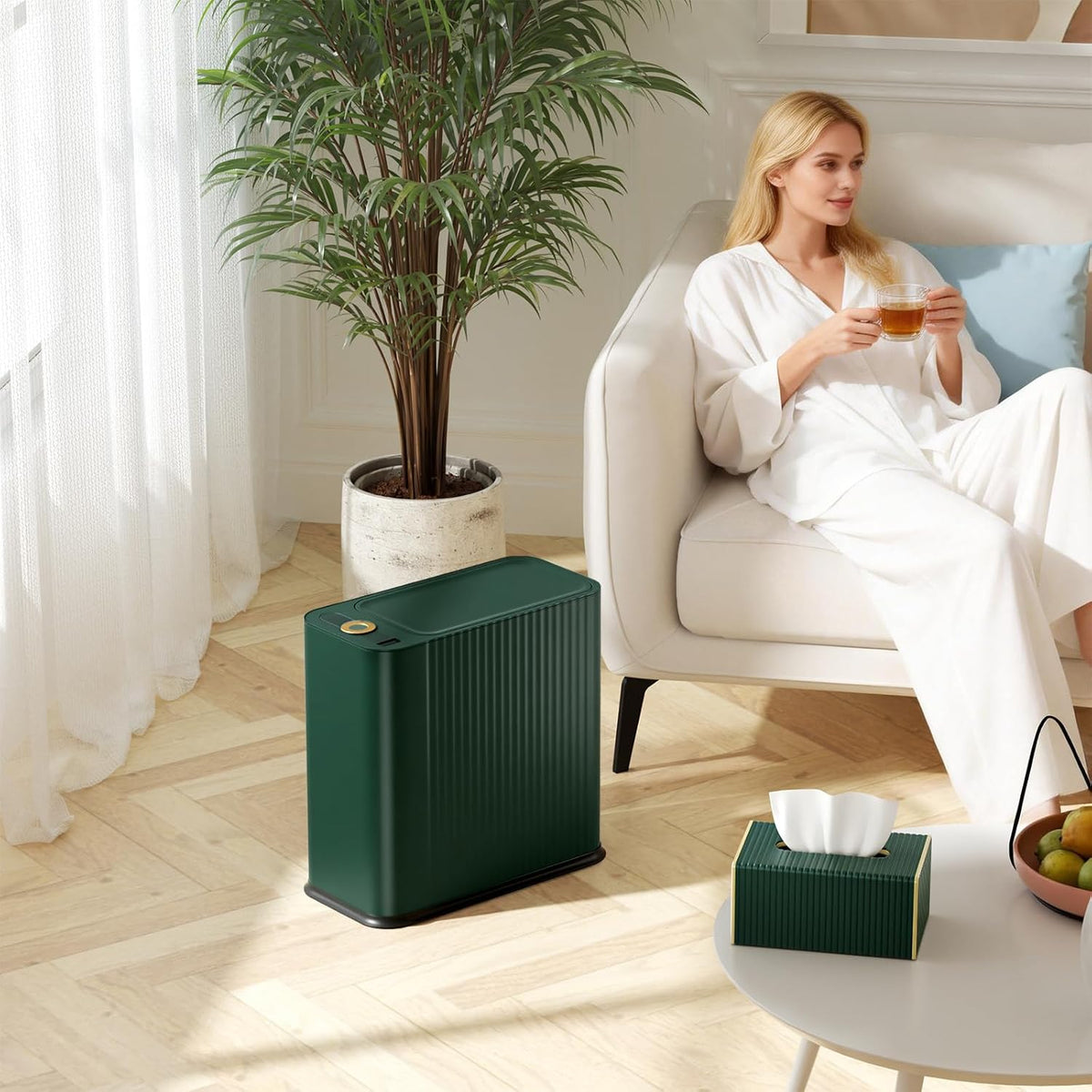 Bathroom Trash Can with Lid and Tissue Box Cover Set 13 L/ 3.5 Gallon Dark Green Trash Can with Pop-Up Lid Small Garbage Can for Bathroom Bedroom Office Kitchen