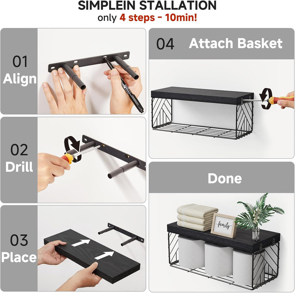 BAYKA Black Floating Bathroom Shelves, 15.7in, 3Pk, Wall Mount Wood Shelf