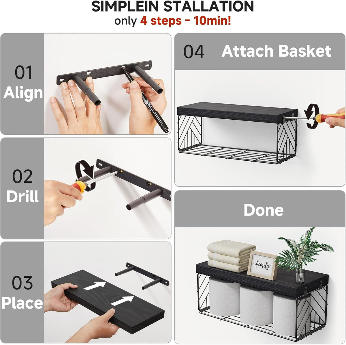 BAYKA Black Floating Bathroom Shelves, 15.7in, 3Pk, Wall Mount Wood Shelf