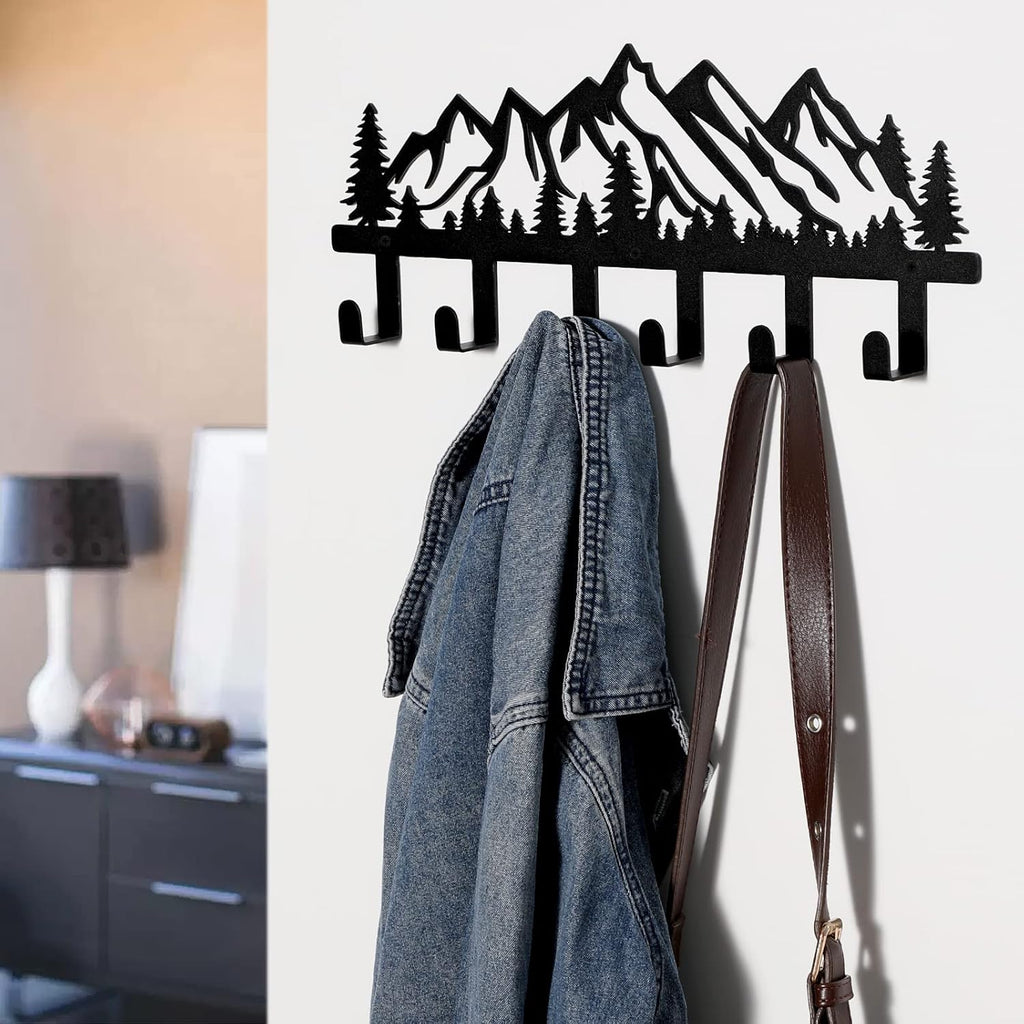 Qmetalart Mountain Metal Wall Coat Rack, Rustic Entryway Hooks