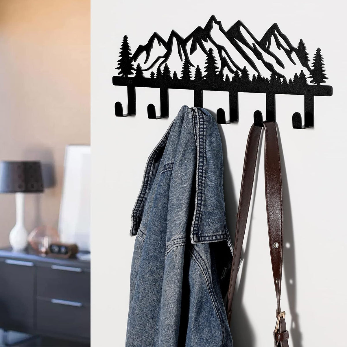 Qmetalart Mountain Metal Wall Coat Rack, Rustic Entryway Hooks