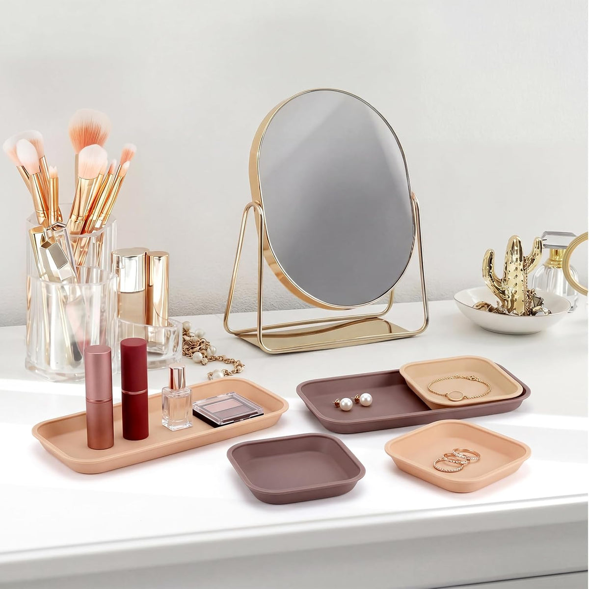 Wenqik 6 Pcs Mini Silicone Vanity Tray Bathroom Counter, Mocha, Linen, Tan