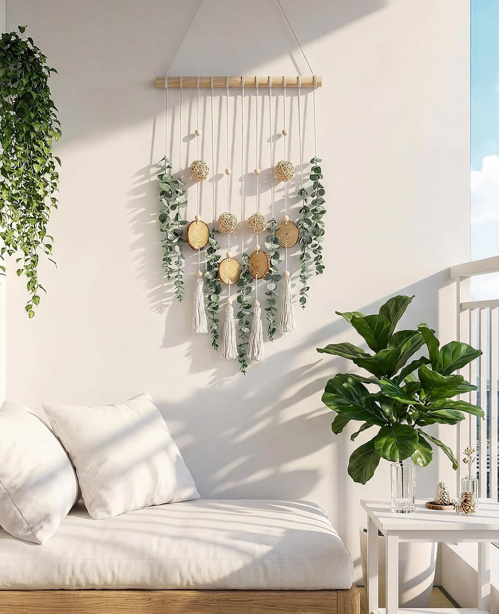 Fake Hanging Eucalyptus Wall Decor with Fake Greenery Leaves, Stems, and Wicker Ball, Artificial Eucalyptus Wall Hanging for Bathroom, Living Room, Bedroom Decor (24" L x 16" W)