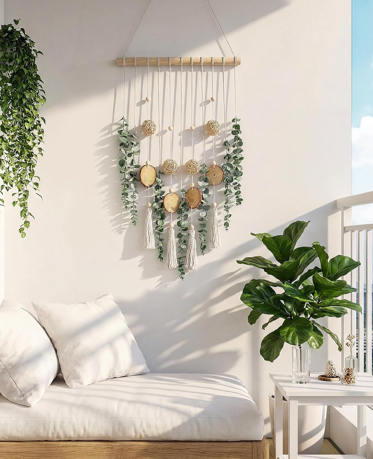 Fake Hanging Eucalyptus Wall Decor with Fake Greenery Leaves, Stems, and Wicker Ball, Artificial Eucalyptus Wall Hanging for Bathroom, Living Room, Bedroom Decor (24" L x 16" W)