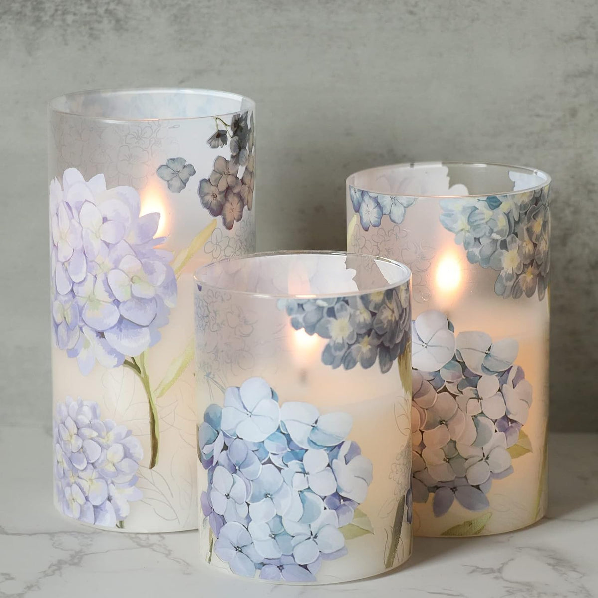 Hydrangeas Glass Flameless Pillar Candles with Remote Timer