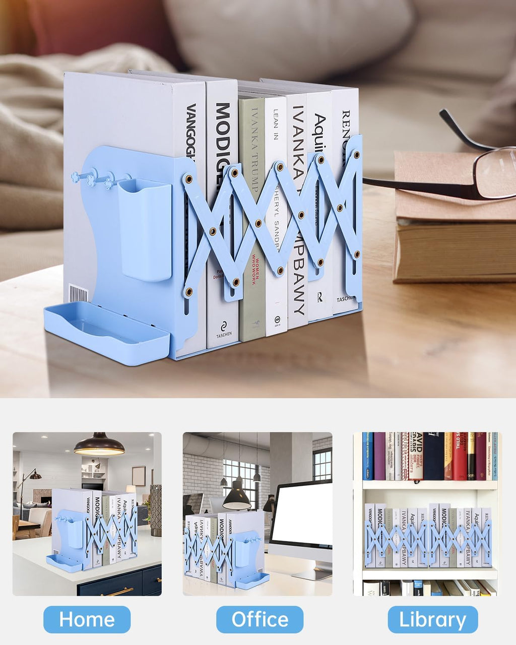 Honagu Adjustable Bookends, Metal Book Ends for Shelves Heavy Book, Bookend for Home, Office, Books, Papers, Book Stopper with Removable Hook, Pen Holder, Gifts for Students, Teachers（Light Blue）