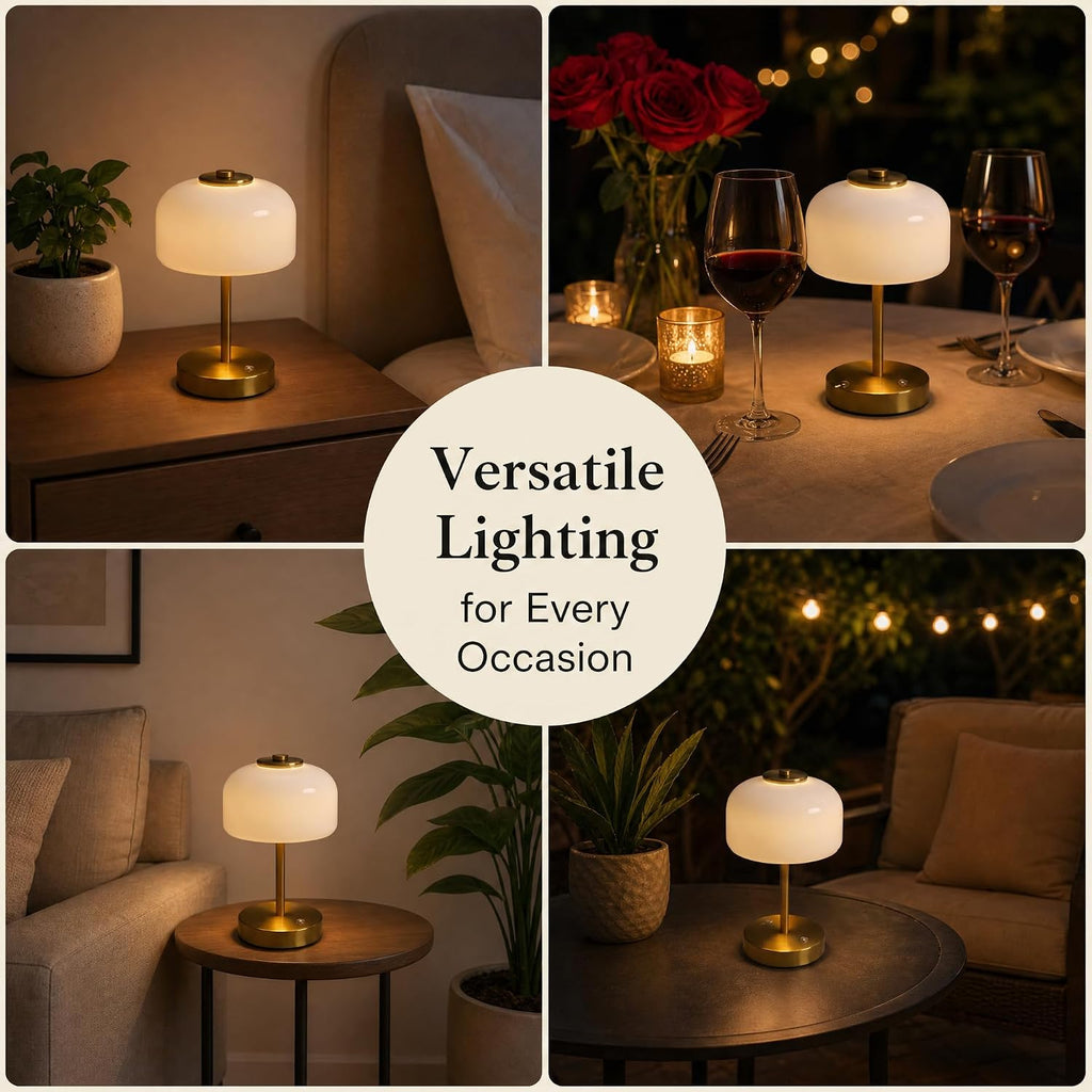 Cordless LED Table Lamp, Rechargeable Battery Operated Mushroom Desk Lamp, 3-Level Touch Dimming, Portable Metal & Glass Nightlight for Bedroom, Living Room, Restaurant, Gold