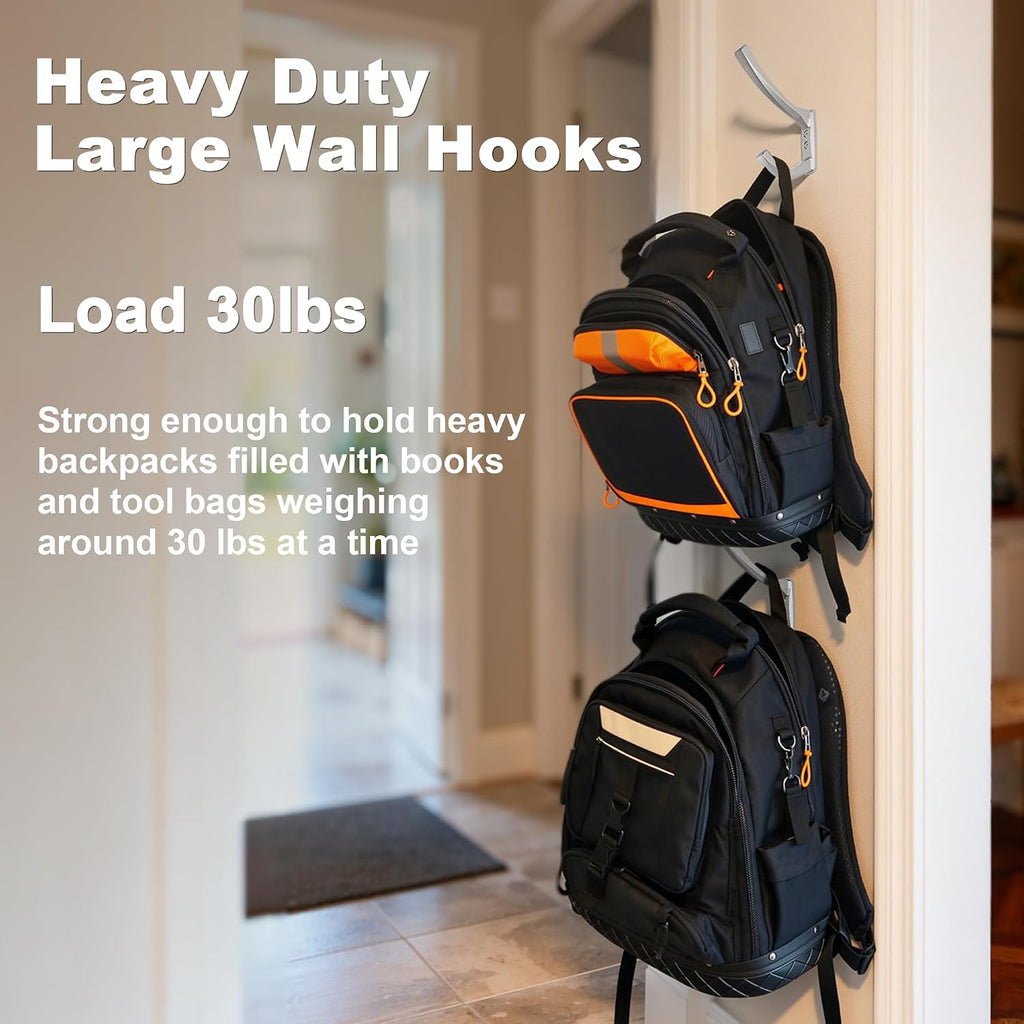Heavy Duty Wall Hooks, 5 Inch Large Wall Mount Hooks for Hanging Heavy Backpacks, School Bags, Winter Coat, Handbags, Purses in Entryway, Hallway, Garage, Bathroom, Laundry (4, Silver)