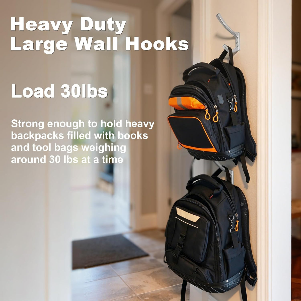 Heavy Duty Wall Hooks, 5 Inch Large Wall Mount Hooks for Hanging Heavy Backpacks, School Bags, Winter Coat, Handbags, Purses in Entryway, Hallway, Garage, Bathroom, Laundry (4, Silver)