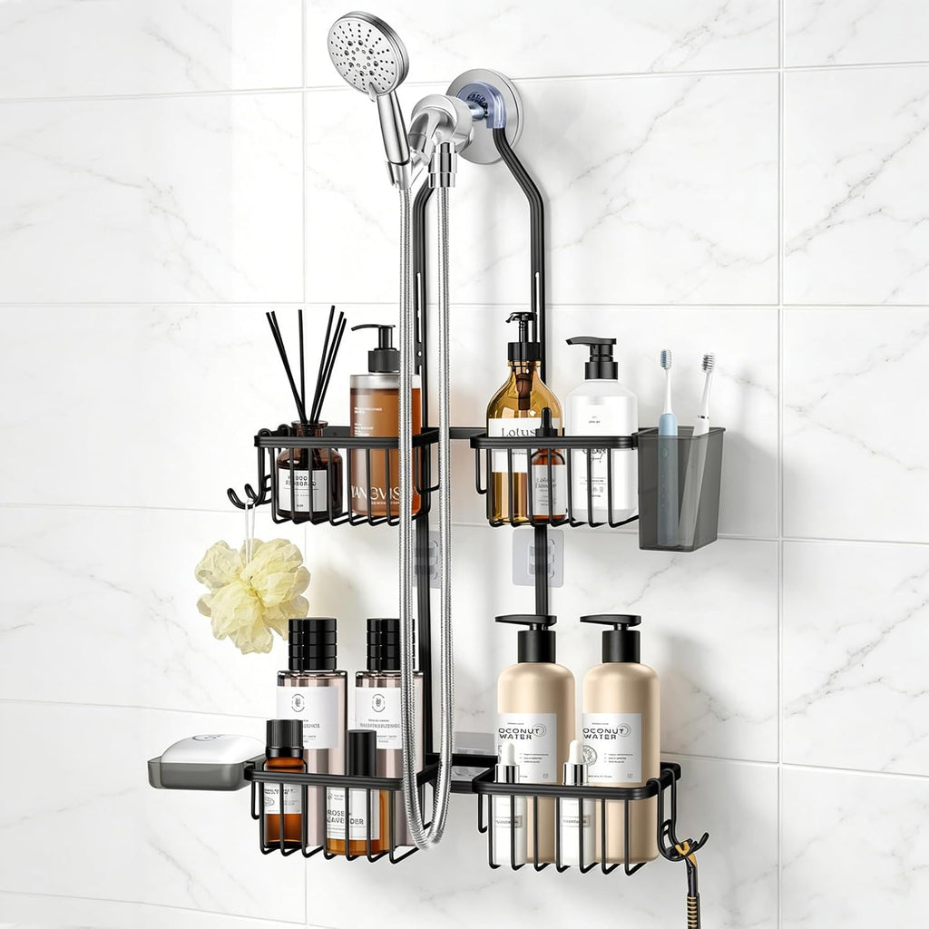 Adjustable Hanging Shower Caddy for Handheld Showerhead, Rustproof Aluminum Over Shower Head Organizer, Renter-Friendly No-Swing Storage for Tall Bottles & Soap, 2-Tier, Black