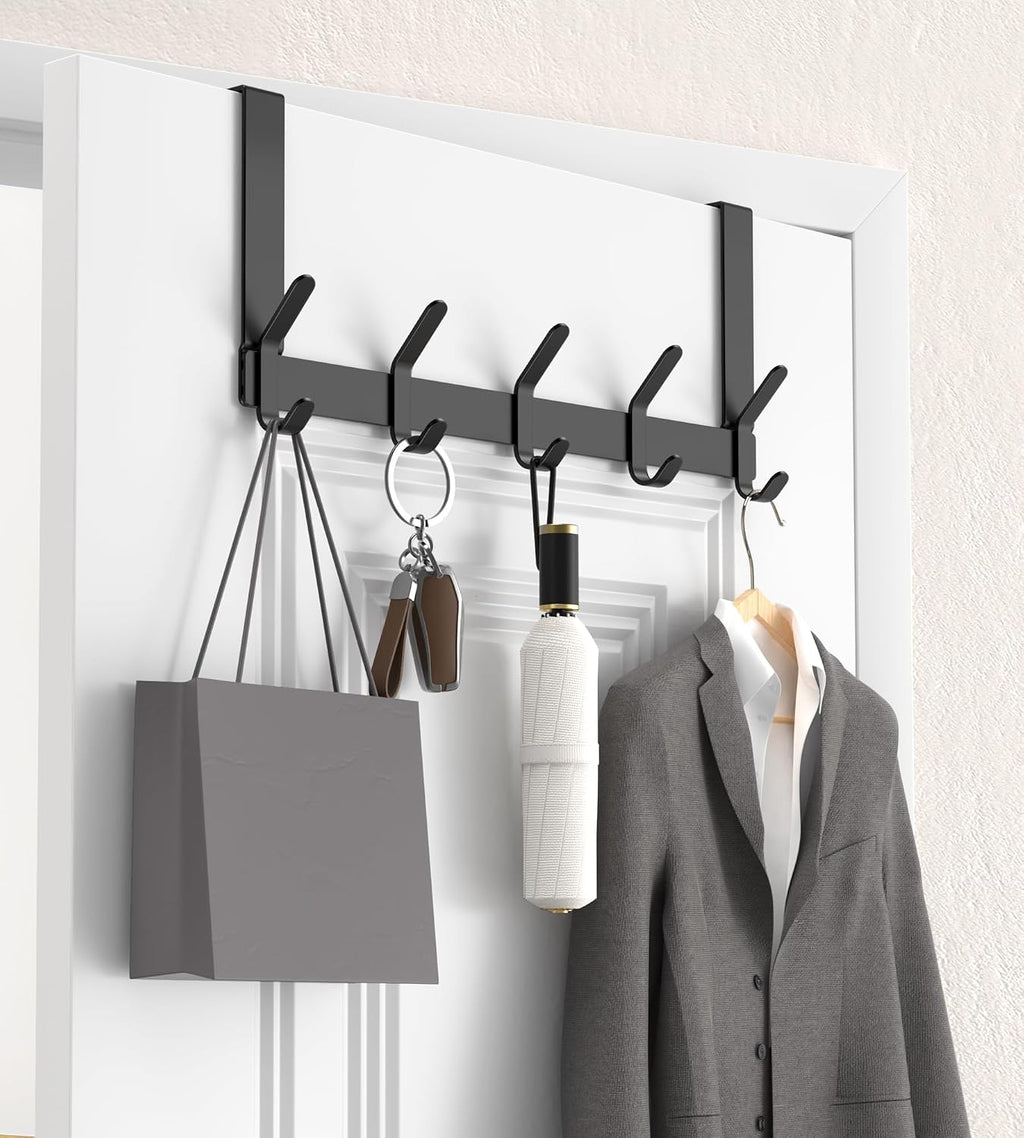 KitchLife Over The Door Hooks with 7" Extended Arms, Fits 1-3/8" Doors, J18U, Heavy Duty Bathroom & Closet Towel Rack, Double-Hooks Hanger 1 Pack, Matte Black
