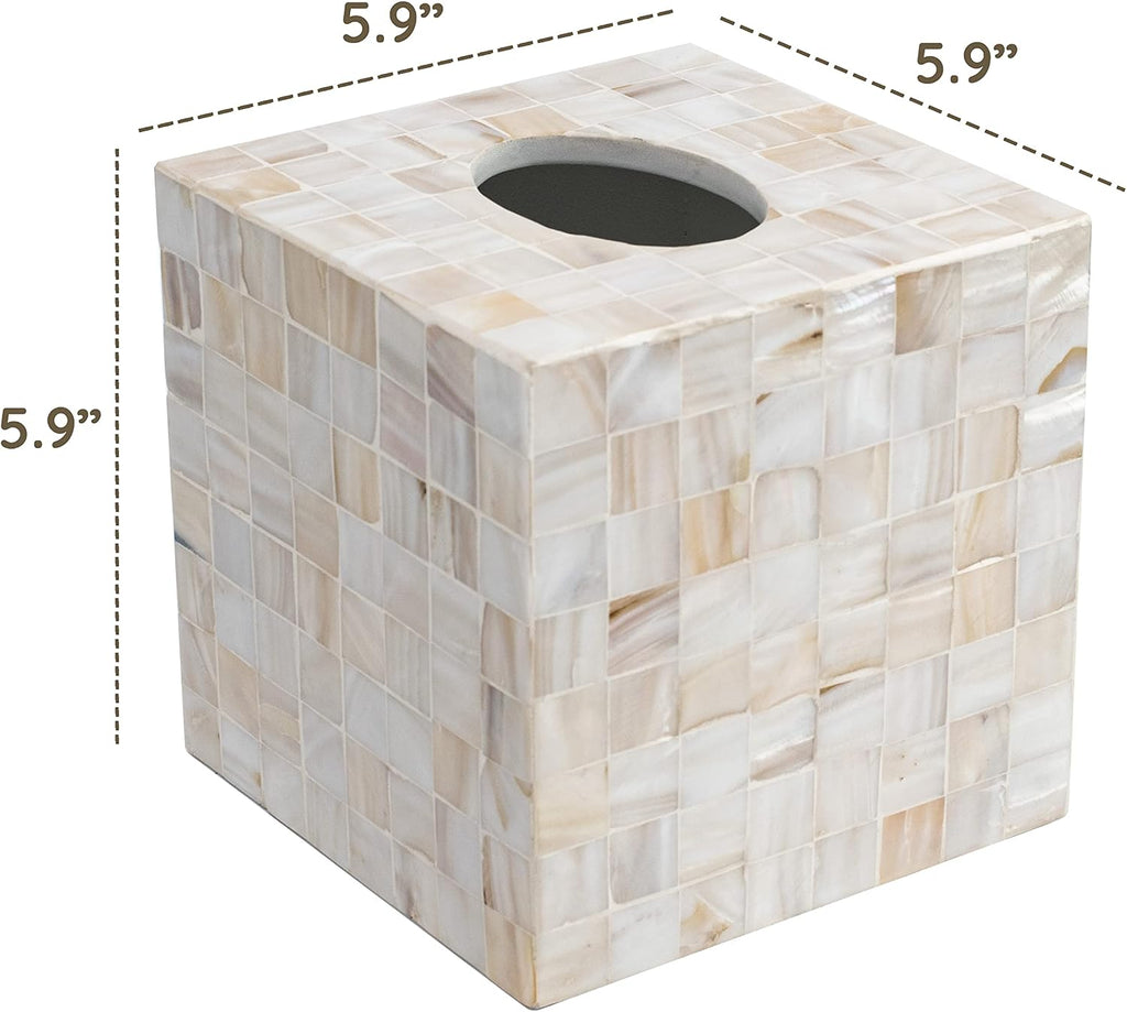 Tissue Box Cover - Mosaic Mother of Pearl Inlay Tissue Box Holder - Tissue Box Cover Square 5.9 x 5.9 x 5.9 in - Decorative Bathroom, Bedroom or Office (White)