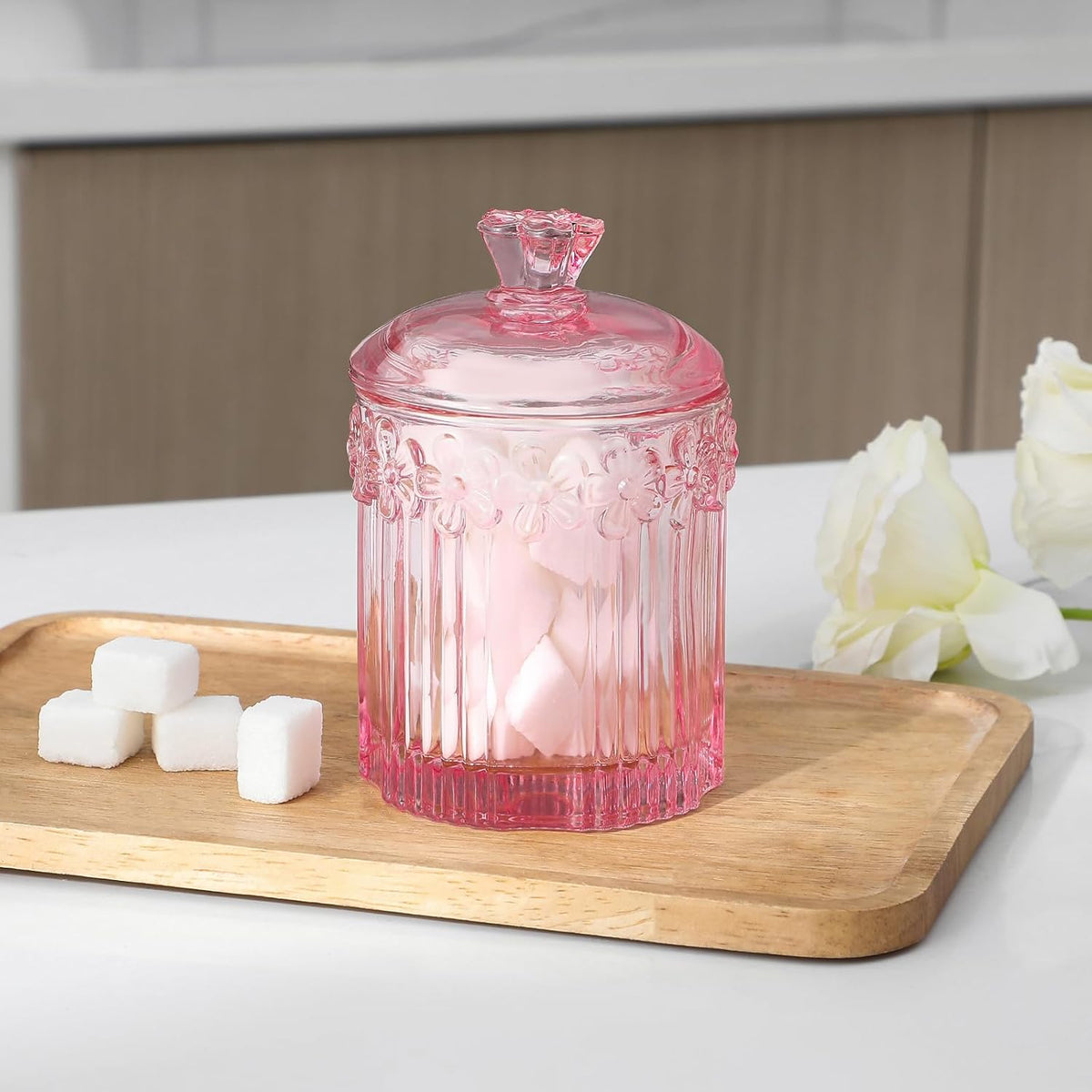 rejomiik 2 Pack Qtip Holder Glass Apothecary Jars with Lids, Pink