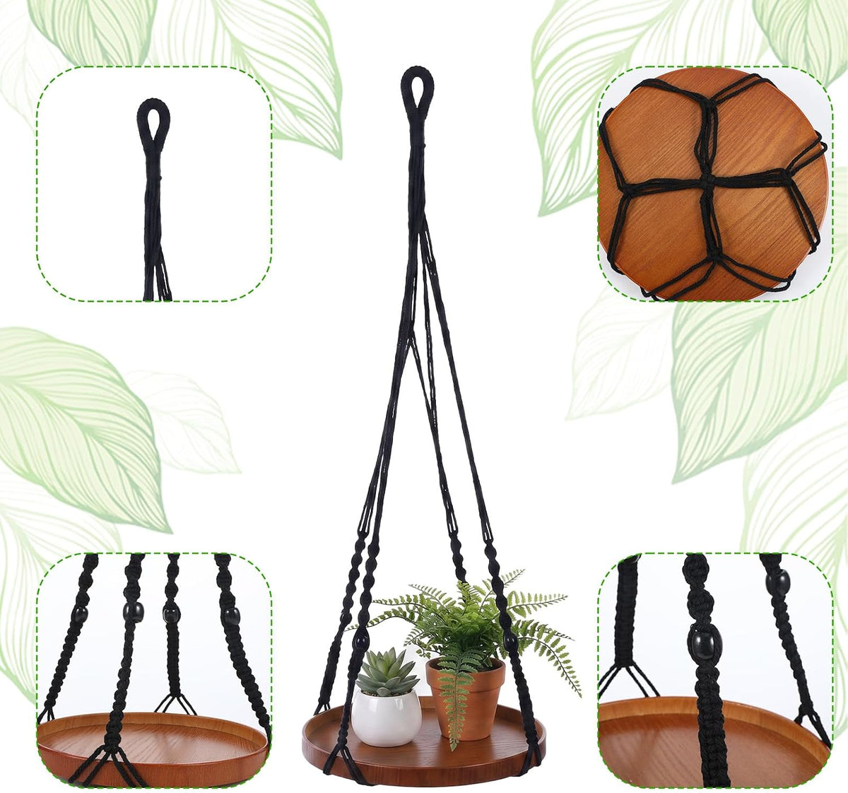 Macrame Plant Hanger 2 Pack, Hanging Planter Shelf Set with Wood Tray for Indoor Plants, Boho Home Decor (Black, Large & Medium)