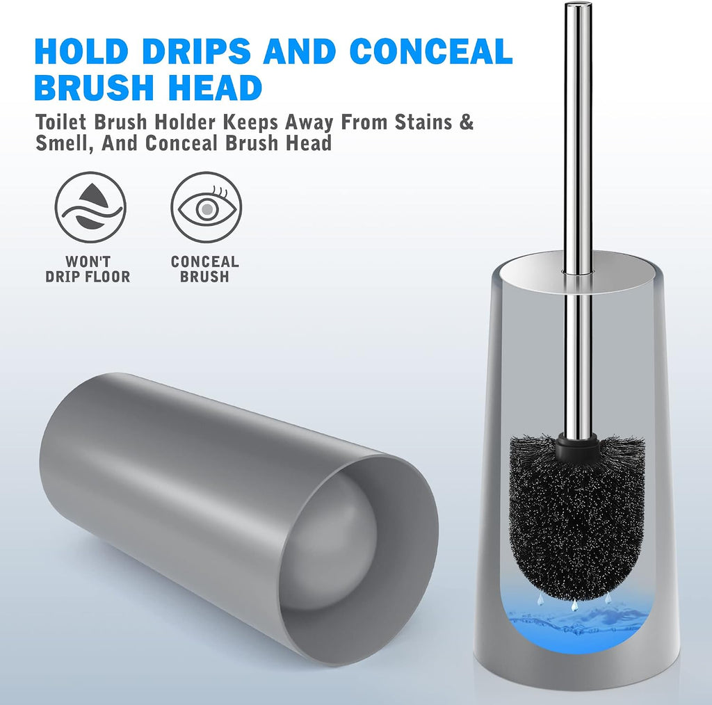 Toilet Brush and Holder, 2 Pack Toilet Brush with 304 Stainless Steel Long Handle, Toilet Bowl Brush for Bathroom Toilet-Ergonomic, Elegant,Durable (Grey)
