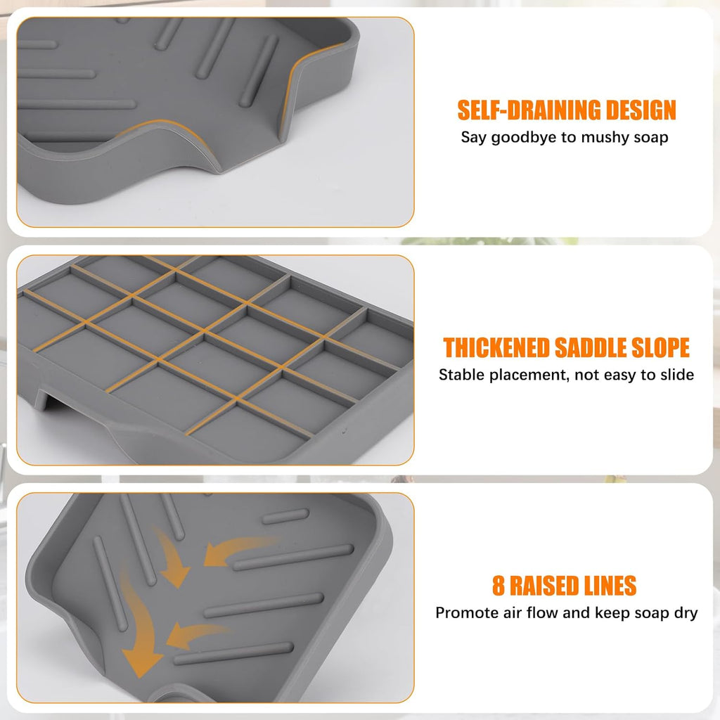 2 Pack Silicone Soap Dish for Shower with Self Draining Grey & Beige White