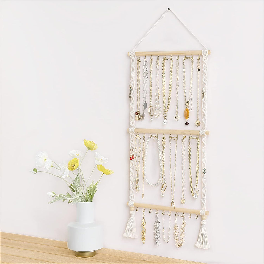 Dahey Hanging Necklace Holder Organizer Macrame Jewelry Hanger for Wall