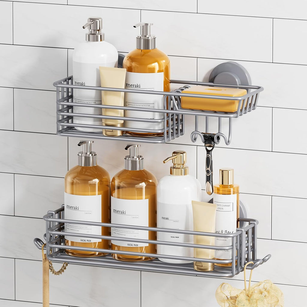 TAILI Shower Caddy Suction Cup, 2 Pack Bathroom Organize with Hooks, Grey