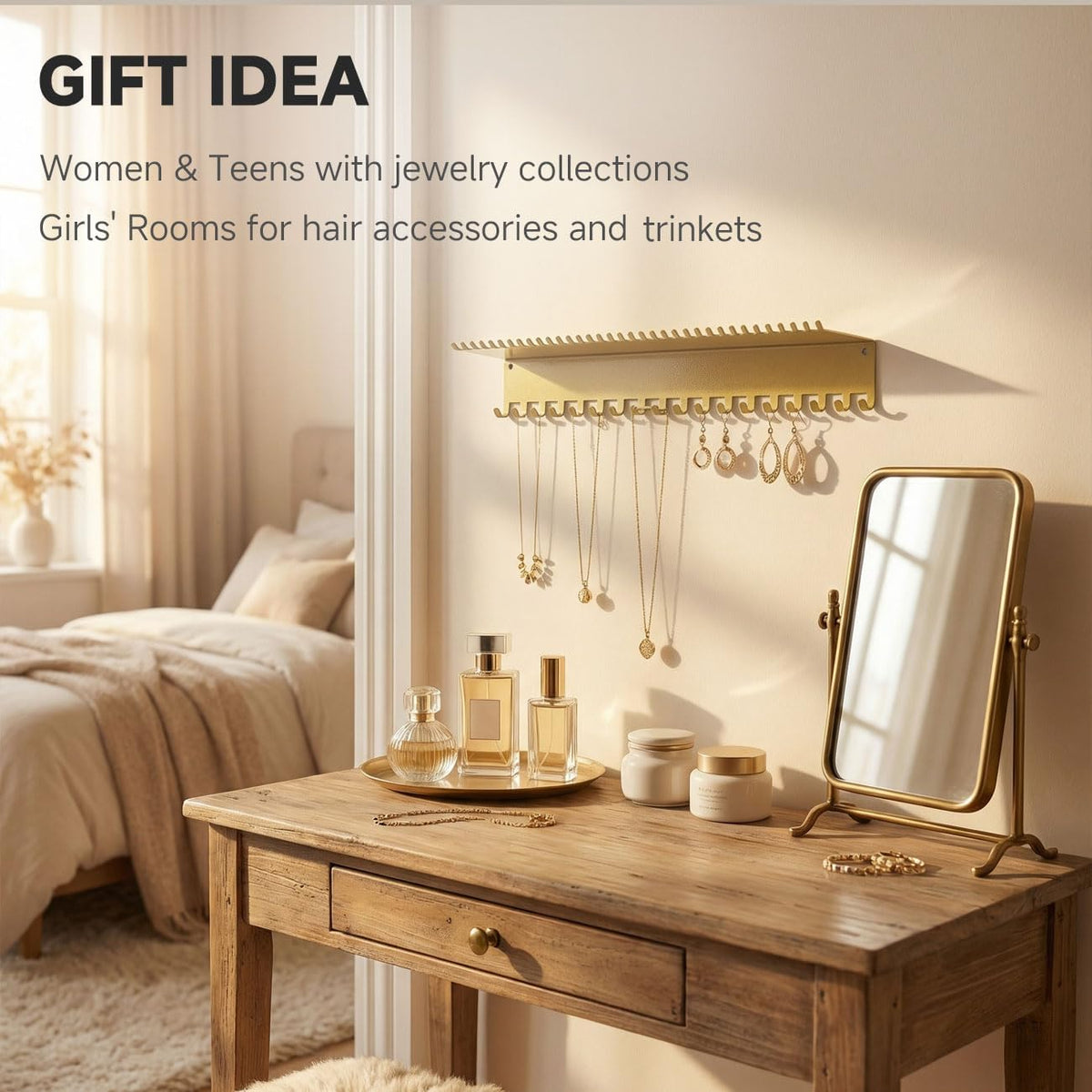 Necklace Jewelry Holder Wall Hanging Organizer Hangers Storage Mounted Shelf with 56 Hooks Tray Display Girls Women Metal Door Earring Mount Key Chains Rack (Gold)