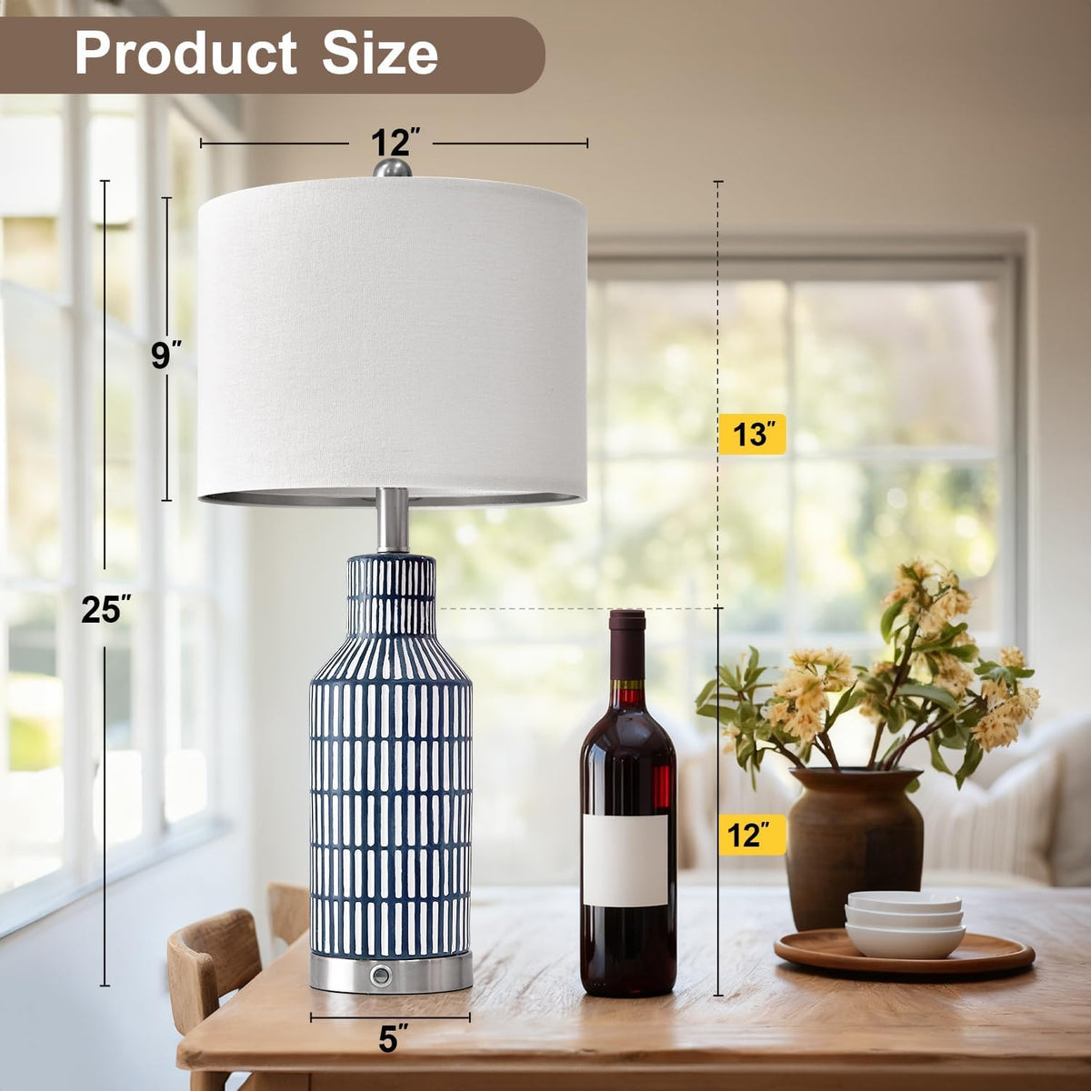 USumkky 25" Modern 3-Way Dimmable Touch Control with USB A+C Ceramic Lamps Set of 2 Table Lamp for Living Room Bedroom Farmhouse Nightstand Bedside Blue