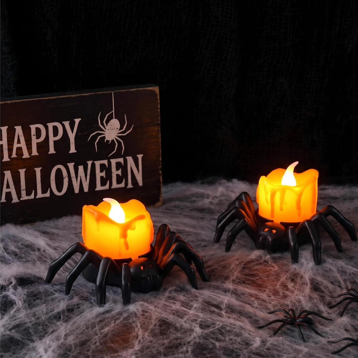 6 Pcs Halloween Spider Tea Lights Candles, Battery Operated Orange LED Flameless Spider Candles Holder Lights, Bright Spooky Halloween Decorations for Party Table Home Decor