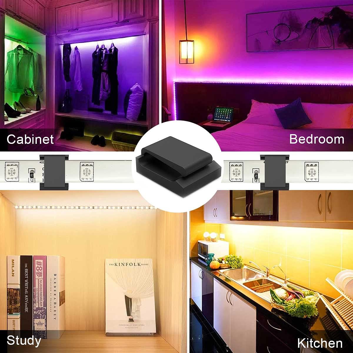 Strip Light Mounting Clips, Self-Adhesive Mounting Bracket Clip, Strip Light Clips,Cable Holder Wire Organizer Cord Hook Accessories(Black 100pcs)