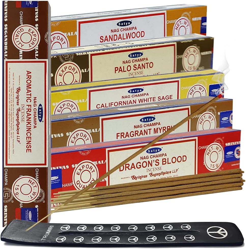 Satya Incense Sticks Variety Pack #10 and Holder Bundle with 6 Classic Fragrances Sandalwood Dragon's Blood Palo Santo White Sage