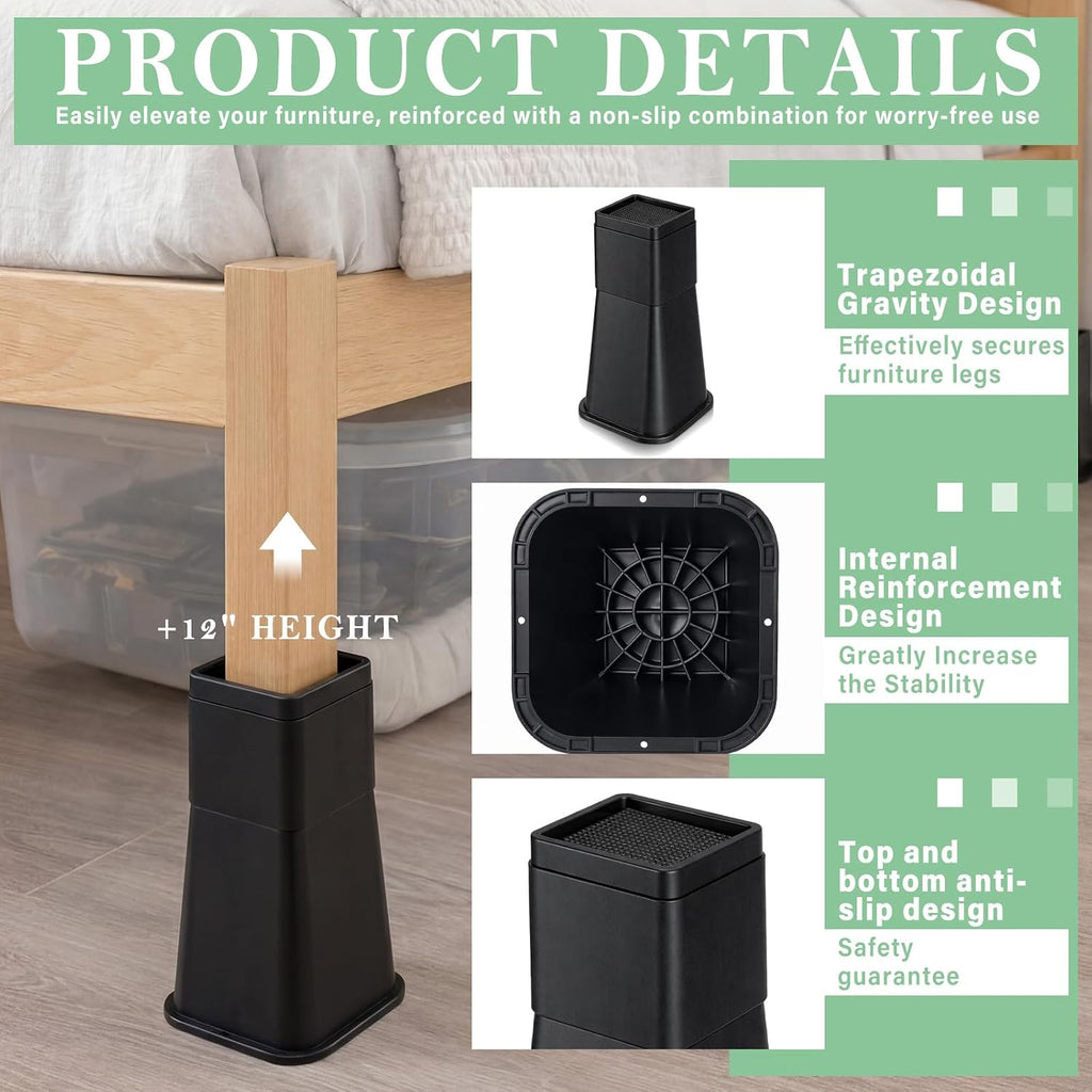 Novabright 12 Inch 4 Pack College Dorm Bed Risers,Black