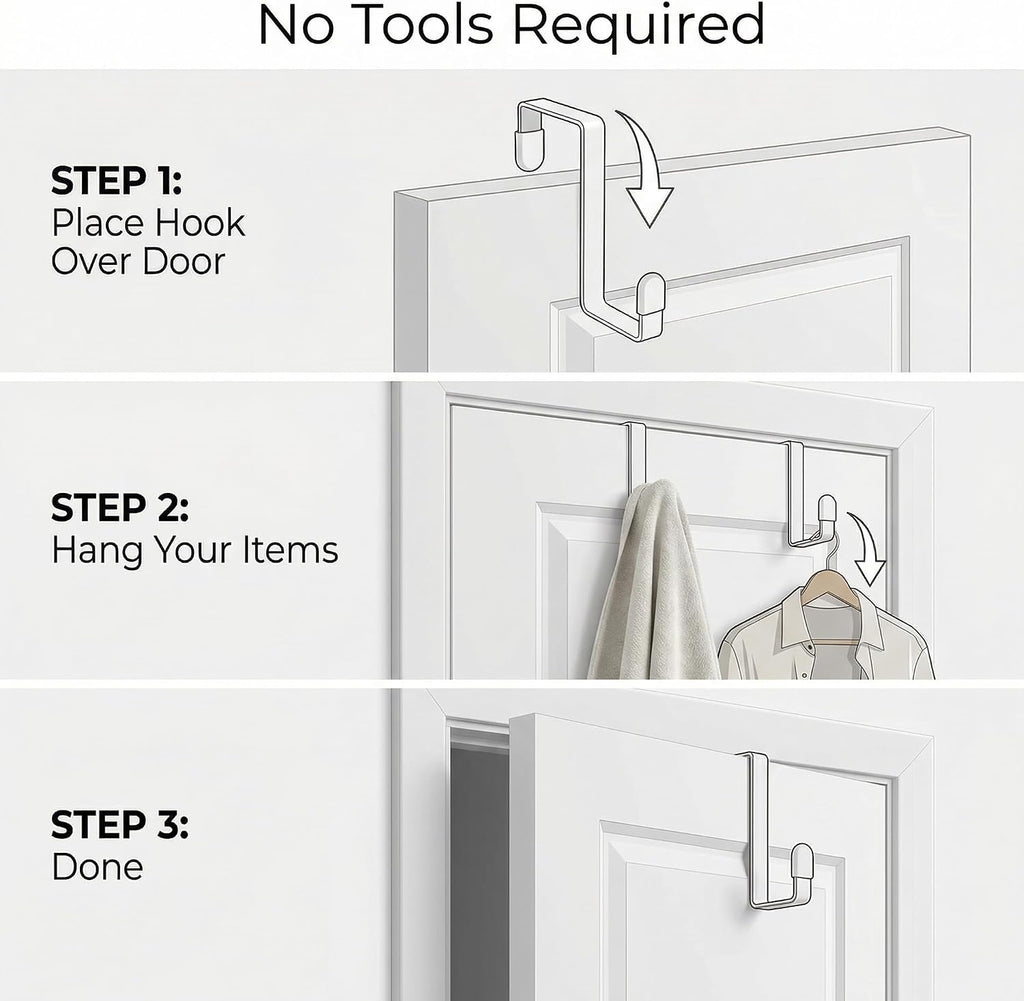 4 Pack Over The Door Hooks - Fitting Door Width Between 1 3/8" and 1 3/4", Reversible Door Hangers for Hanging Clothes, Towels, Coats and More (White) (White, 4 Pack (Long-7.8"))