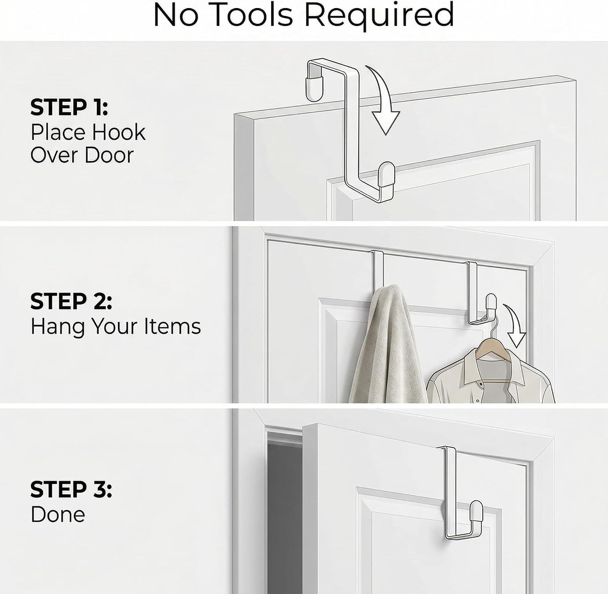 4 Pack Over The Door Hooks - Fitting Door Width Between 1 3/8" and 1 3/4", Reversible Door Hangers for Hanging Clothes, Towels, Coats and More (White) (White, 4 Pack (Long-7.8"))