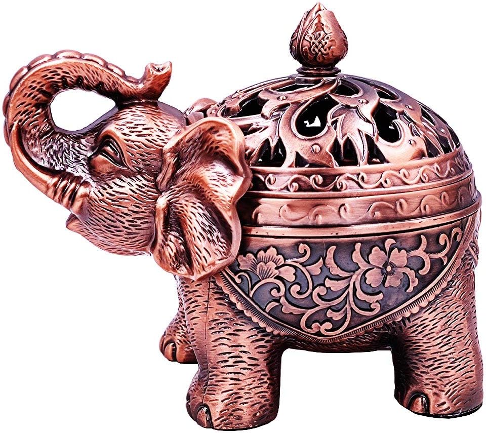 Hourwof Metal Elephant Incense Holder,Vintage Cone Coil Incense Burner with Lid,Ash Catcher,Aromatherapy Ornament Home Office Decor,Red Copper