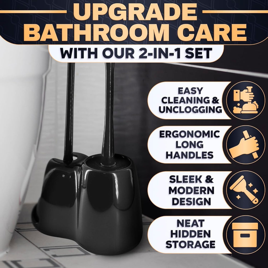2-in-1 Black Toilet Brush and Plunger Set with Holder, 6.4×5.5×17.1 in