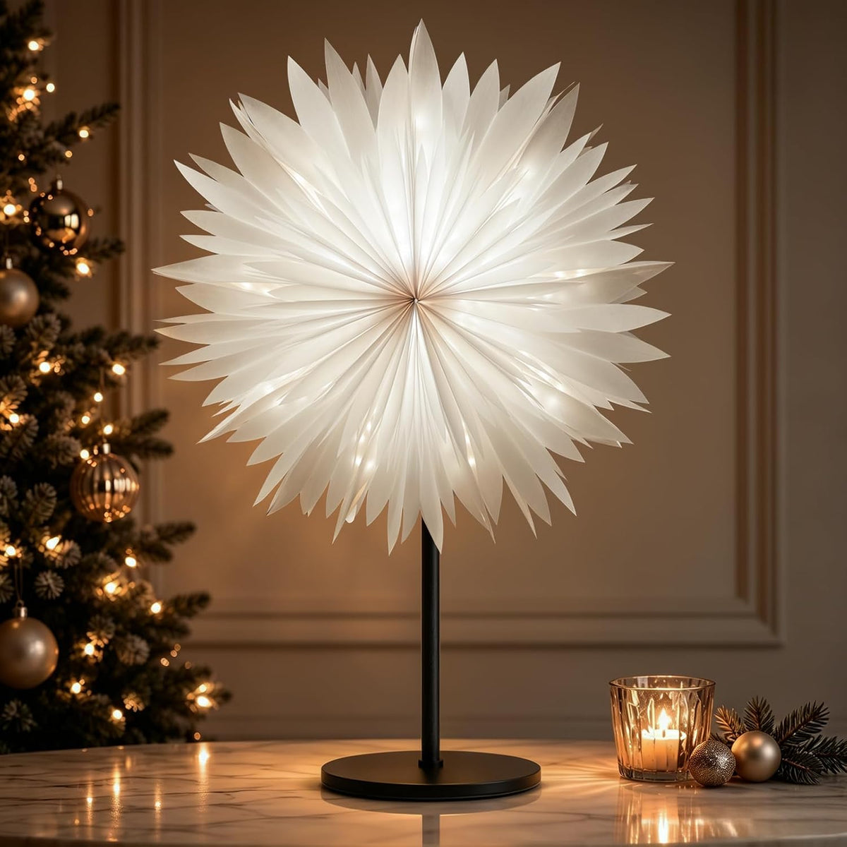 Lewondr 3D Christmas Paper Star Table Lamp, Translucent Feather, White