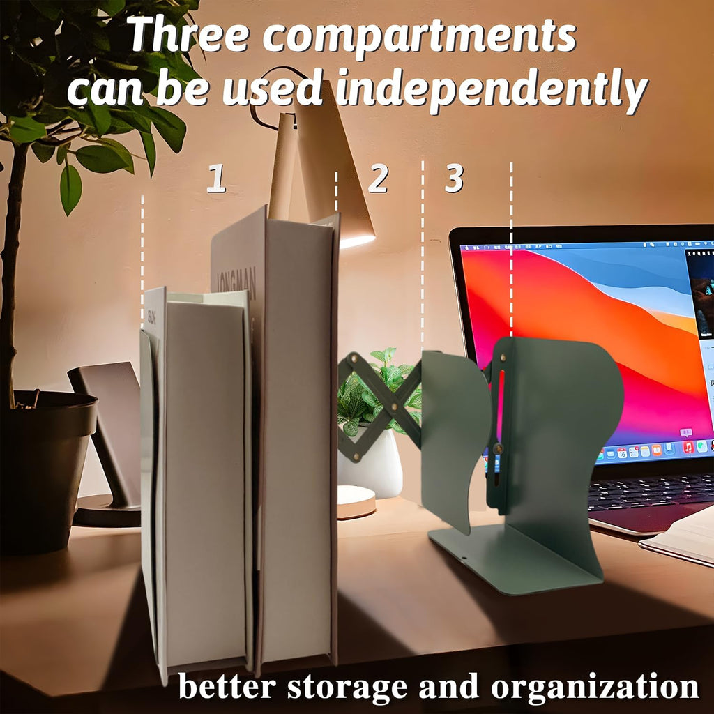 Adjustable Bookends Non Skid Decorative Bookends,Metal Bookend for Heavy Books,Bookshelf Organizer Holder for Books and Magazines for Desk(Green)