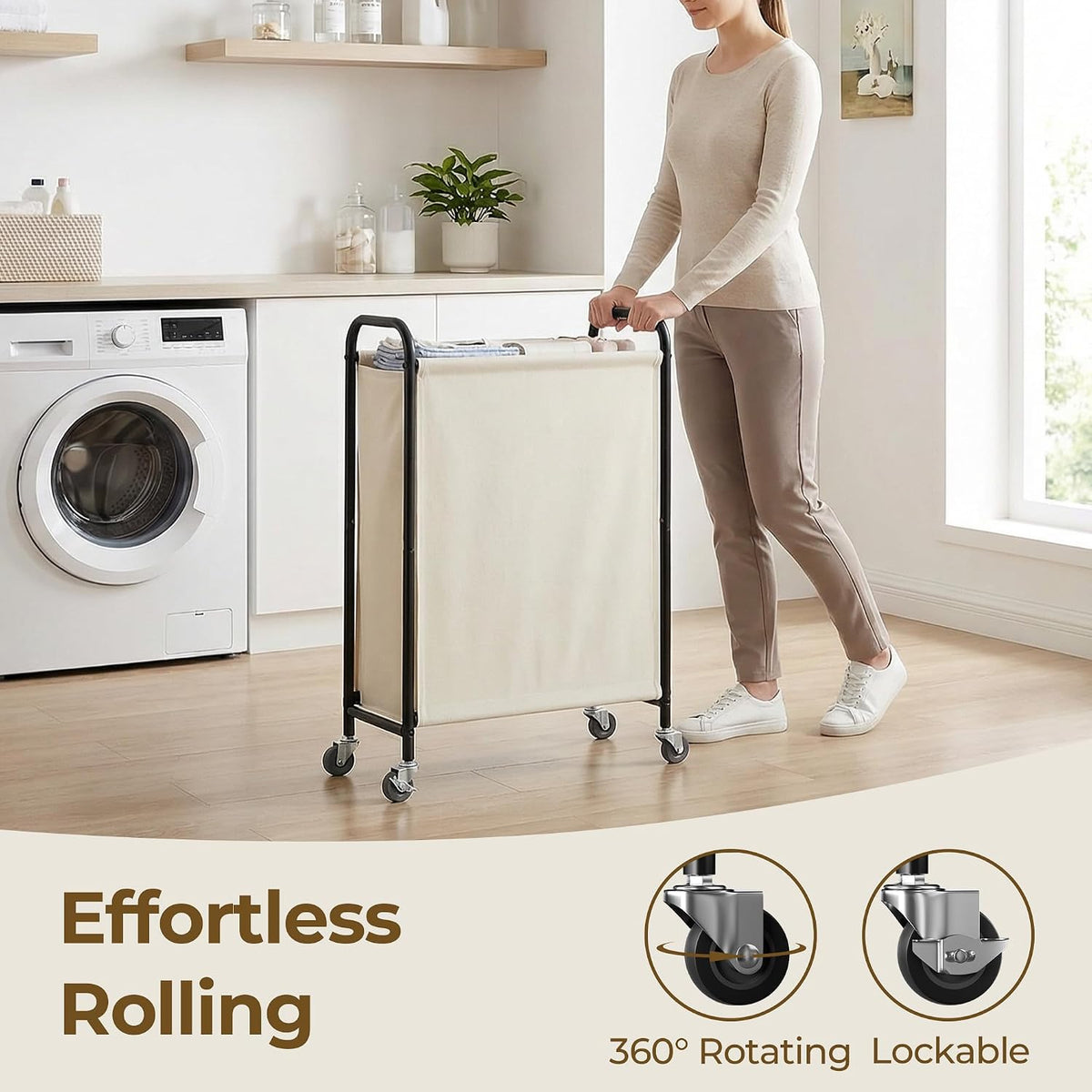 GRANNY SAYS Laundry Hamper, Slim Basket with Wheels and Handles, Beige, 80L