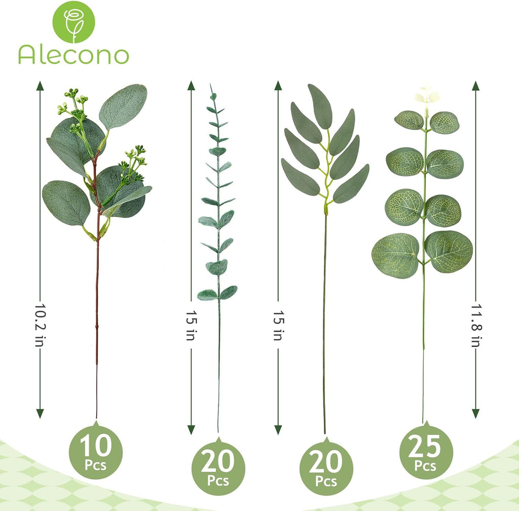 Alecono 75pcs Mixed Eucalyptus Leaves Stems Bulk, 4 Kinds Artificial Greenery Stems Faux Sliver Dollar Fake Greenery for Centerpieces Wedding DIY Bouquets Floral Arrangement Party Decor