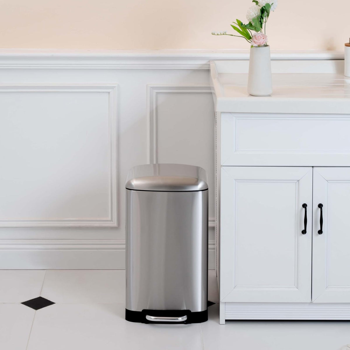 Amazon Basics Rectangular Small Trash Can with Soft-Close Step Pedal, Removable Inner Bucket, Hands-Free, Space-Saving, Smudge Resistant, 20l / 5.3 gallon, Nickel