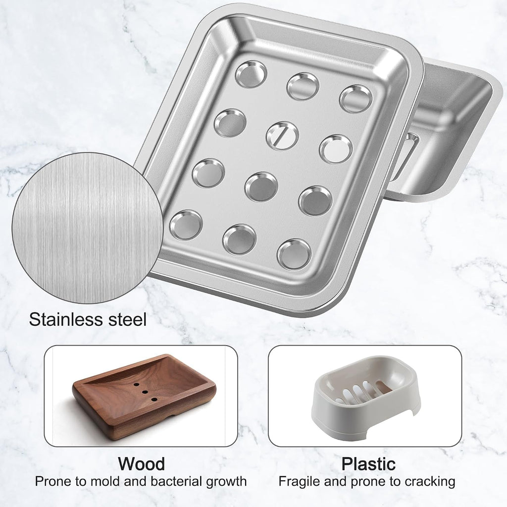 Stainless Steel Soap Dishes Chrome Soap Dish for Bathroom Double Layer Draining, Silver SoapDish Tray with Drainage for Bathroom Bathtub Kitchen Sink (Rectangular)